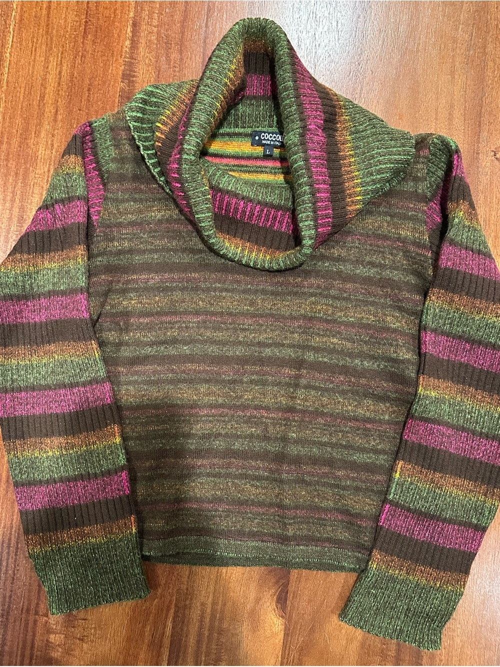 COCCOLE Green Multi-Stripe Cowl Neck Sweater